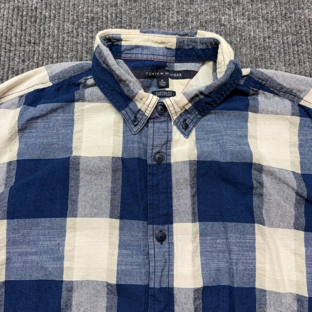 Tommy‎ Hilfiger Custom Fit Shirt Mens XL Buffalo Plaid Blue White Button Down
